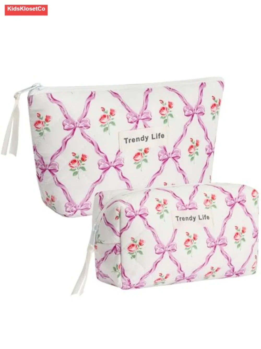 Quilted Cotton Makeup Bag Set 2pcs Floral Travel Toiletry Organizer